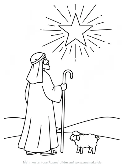 Hirte mit Schaf blickt zu Stern auf, Dreikönigstag Ausmalbild