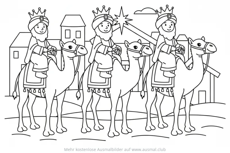 Heilige Drei Könige reiten auf Kamelen Ausmalbild