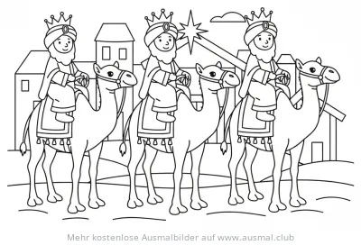 Heilige Drei Könige reiten auf Kamelen Ausmalbild