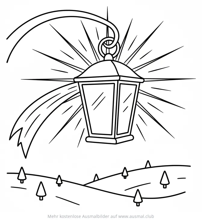 Laterne Ausmalbild über冬landschaft mit Tannenbäumen