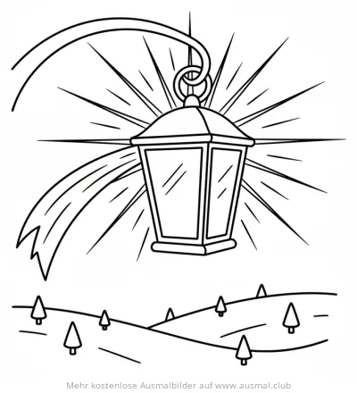 Laterne Ausmalbild über冬landschaft mit Tannenbäumen