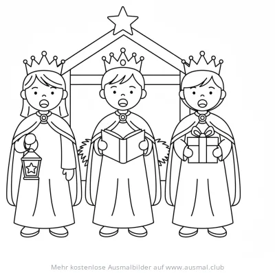 Sternsinger mit Laterne, Buch und Geschenk vor Krippe Ausmalbild