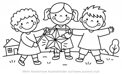 Drei Kinder mit Sternenlaterne Ausmalbild zum Dreikönigstag