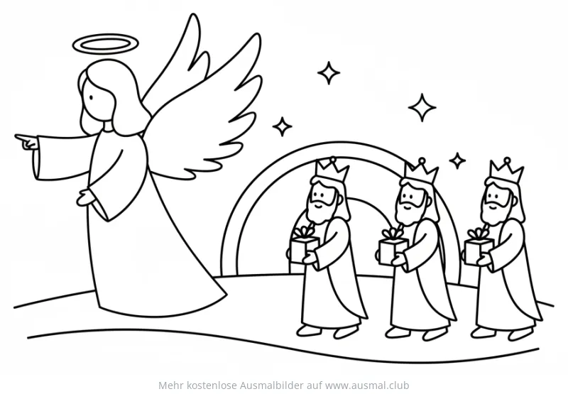 Engel weist den Heiligen Drei Königen den Weg, Ausmalbild zum Dreikönigstag
