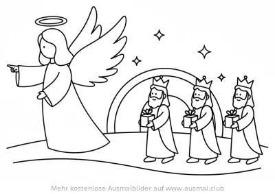 Engel weist den Heiligen Drei Königen den Weg, Ausmalbild zum Dreikönigstag