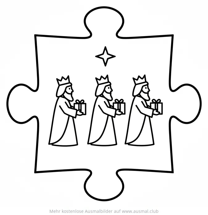 Heilige Drei Könige mit Geschenken in Puzzleteil Ausmalbild
