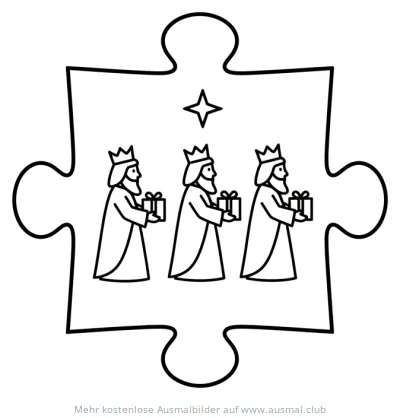 Heilige Drei Könige mit Geschenken in Puzzleteil Ausmalbild