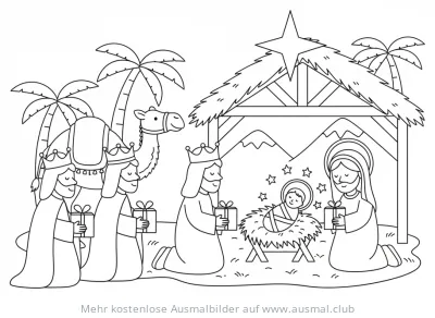Heilige Drei Könige und Jesuskind in Krippe Ausmalbild