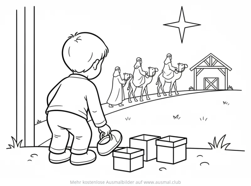 Dreikönigstag Ausmalbild: Kind mit Schuh vor Geschenken, Heilige Drei Könige im Hintergrund
