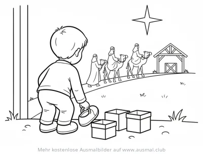Dreikönigstag Ausmalbild: Kind mit Schuh vor Geschenken, Heilige Drei Könige im Hintergrund