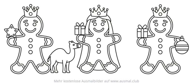 Drei Lebkuchenmänner mit Krone und Geschenken als Dreikönigs-Ausmalbild