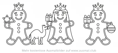 Drei Lebkuchenmänner mit Krone und Geschenken als Dreikönigs-Ausmalbild