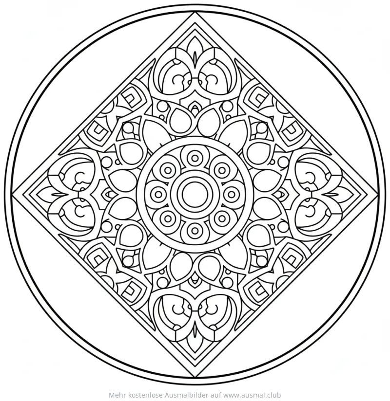 Diamantförmiges Mandala Ausmalbild mit floralen Elementen