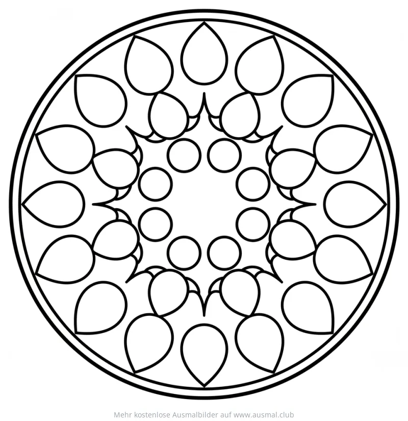 Kreis-Mandala Ausmalbild mit Tropfen- und Kreiselementen