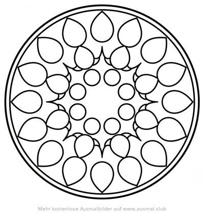Kreis-Mandala Ausmalbild mit Tropfen- und Kreiselementen