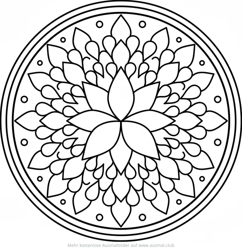 Einfaches Mandala mit Blume, Tropfenformen und Kreisen Ausmalbild