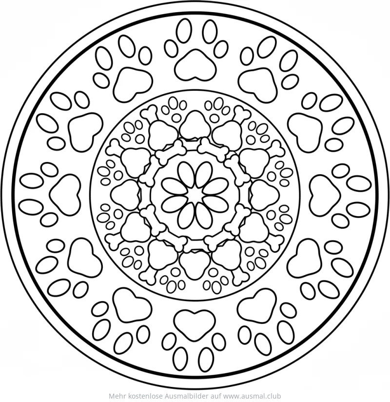 Pfote und Knochen Mandala Ausmalbild