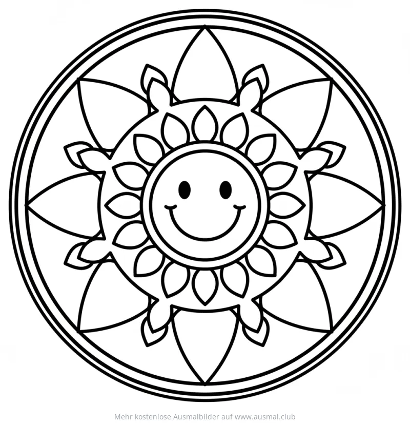 Sonnen-Gesicht Mandala Ausmalbild mit Blüten