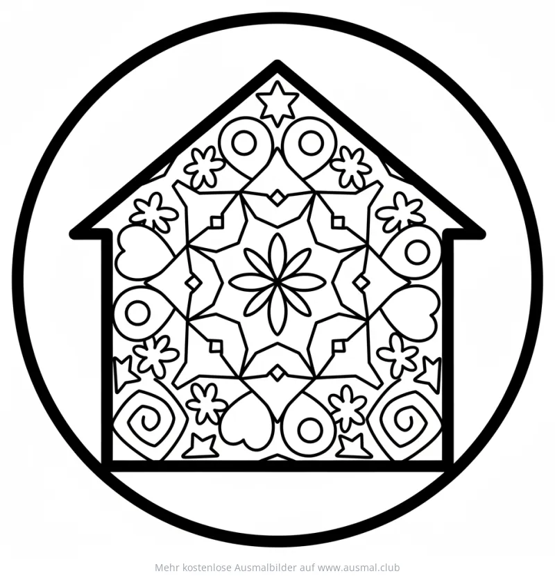 Haus Mandala Ausmalbild mit floralen und geometrischen Mustern