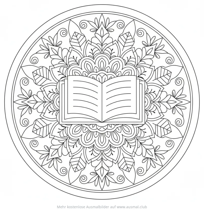 Offenes Buch in einem floralen Mandala Ausmalbild