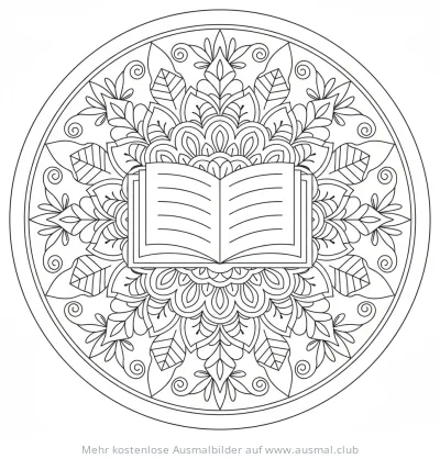Offenes Buch in einem floralen Mandala Ausmalbild