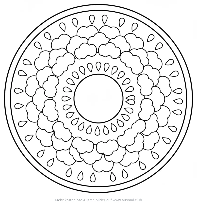 Regen Mandala Ausmalbild mit Wolken und Tropfen