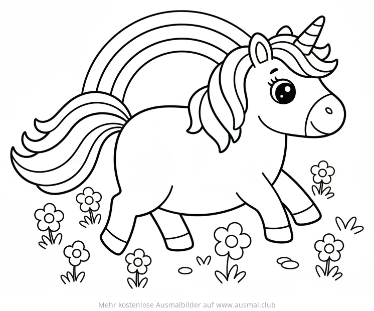 Einhorn auf einer blühenden Wiese mit Regenbogen Ausmalbild