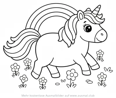 Einhorn auf einer blühenden Wiese mit Regenbogen Ausmalbild