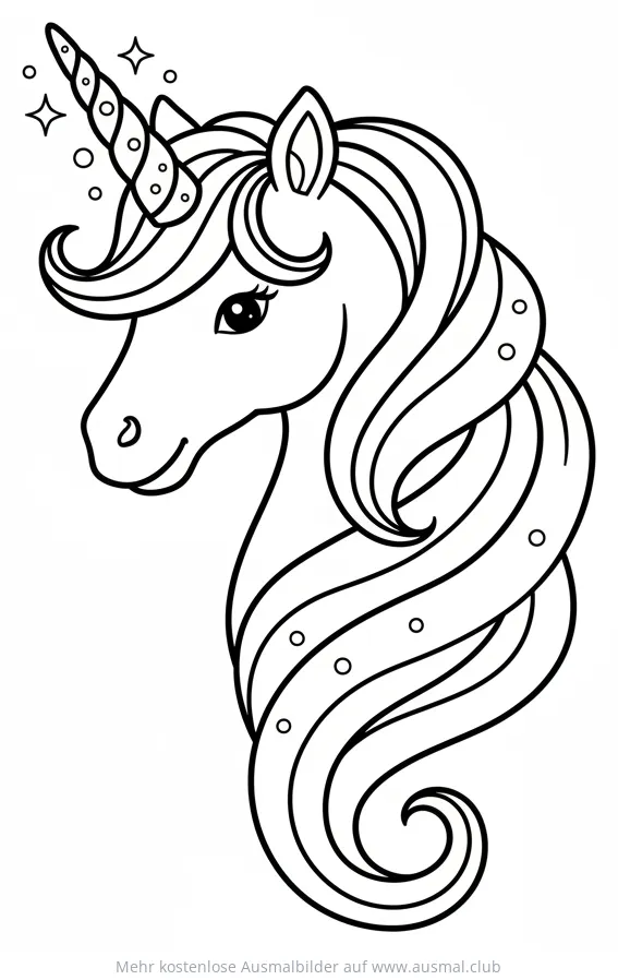 Einhorn Kopf Ausmalbild mit detaillierter Mähne und Horn