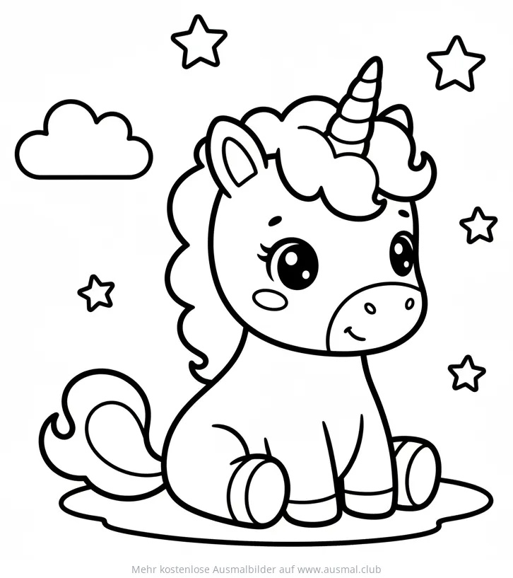 Niedliches Baby Einhorn sitzt unter Sternen Ausmalbild