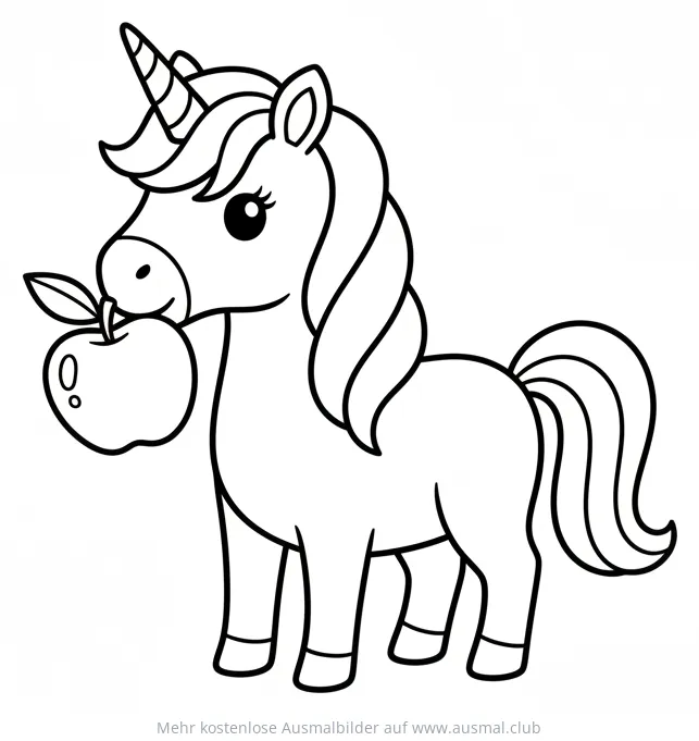Niedliches Einhorn mit Apfel im Maul Ausmalbild
