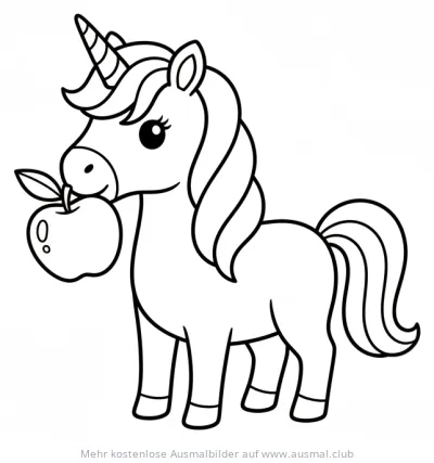 Niedliches Einhorn mit Apfel im Maul Ausmalbild