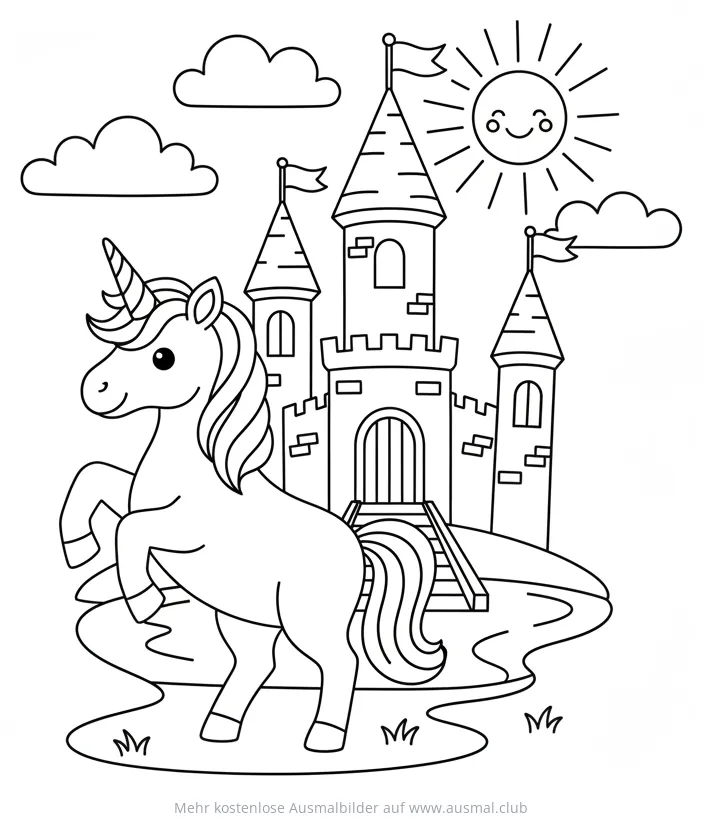 Einhorn vor Schloss Ausmalbild