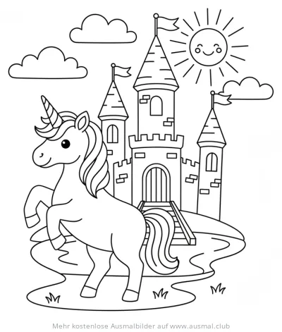 Einhorn vor Schloss Ausmalbild