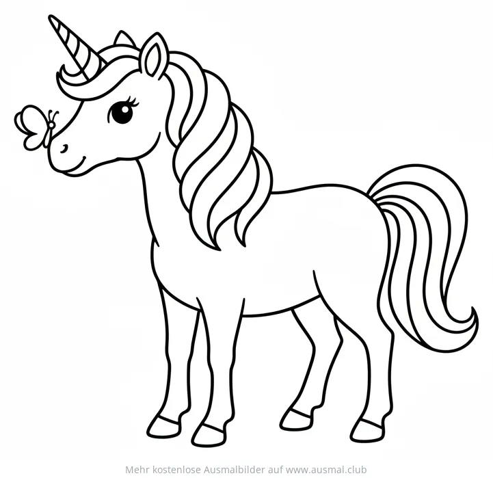 Einhorn mit Schmetterling auf der Nase Ausmalbild