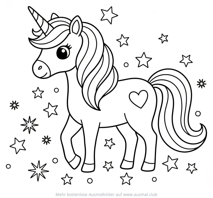 Niedliches Einhorn im Sternenfeld Ausmalbild mit Herz