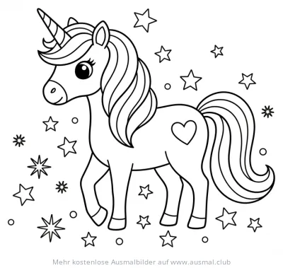 Niedliches Einhorn im Sternenfeld Ausmalbild mit Herz