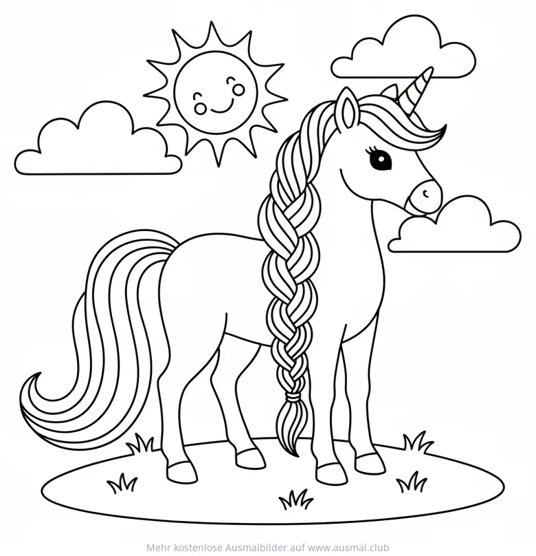Einhorn mit Zopf auf einer Wiese Ausmalbild
