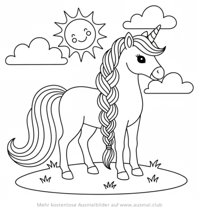 Einhorn mit Zopf auf einer Wiese Ausmalbild