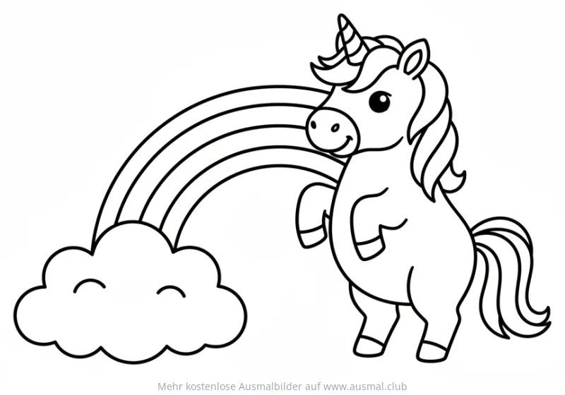 Einhorn stehend neben Wolke mit Regenbogen Ausmalbild