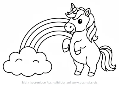 Einhorn stehend neben Wolke mit Regenbogen Ausmalbild