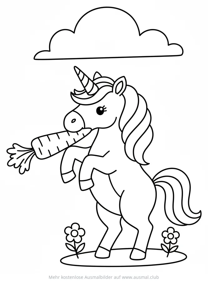 Einhorn mit Karotte Ausmalbild unter einer Wolke