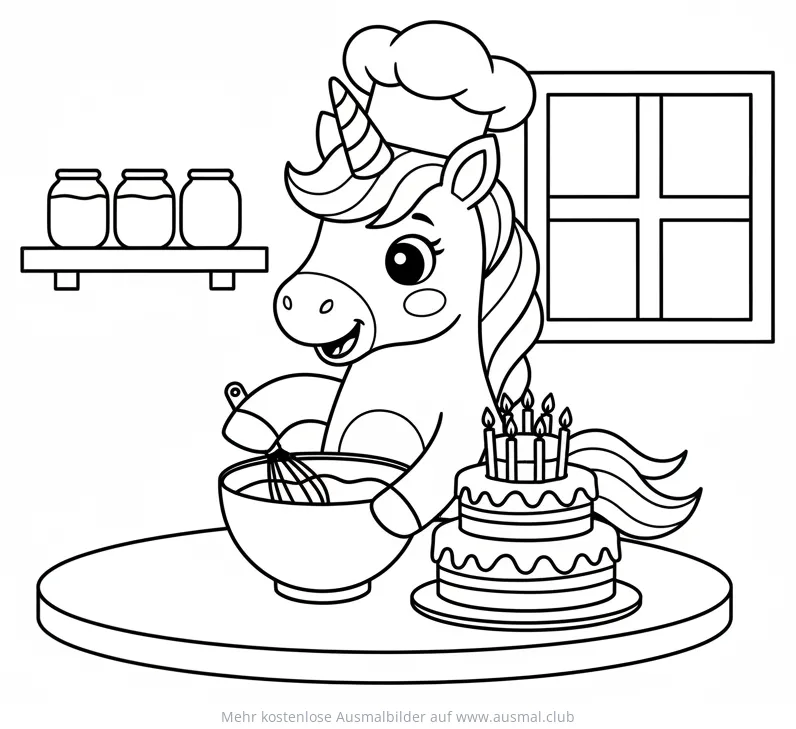 Kuchen backendes Einhorn mit Kochmütze Ausmalbild