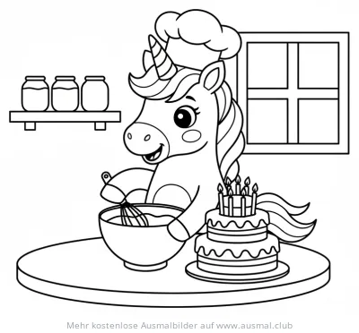 Kuchen backendes Einhorn mit Kochmütze Ausmalbild