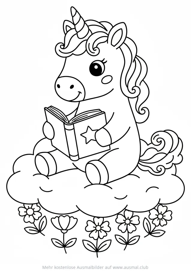 Lesendes Einhorn auf Wolke mit Blumen Ausmalbild