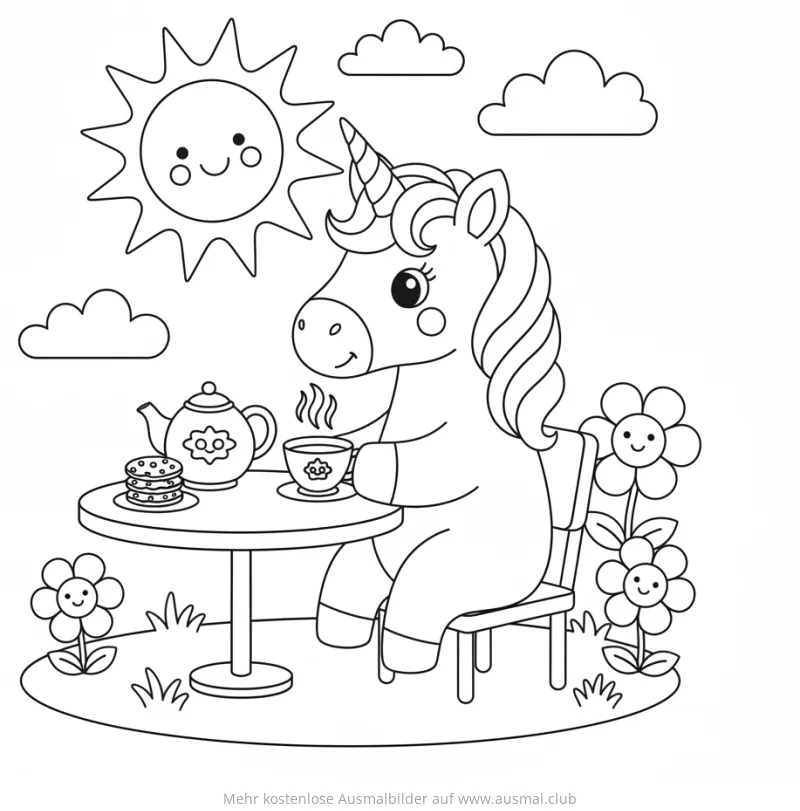 Einhorn trinkt Tee an Tisch mit Sonne und Blumen Ausmalbild