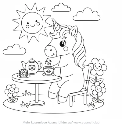 Einhorn trinkt Tee an Tisch mit Sonne und Blumen Ausmalbild