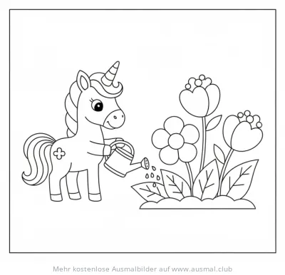 Einhorn gießt Blumen Ausmalbild