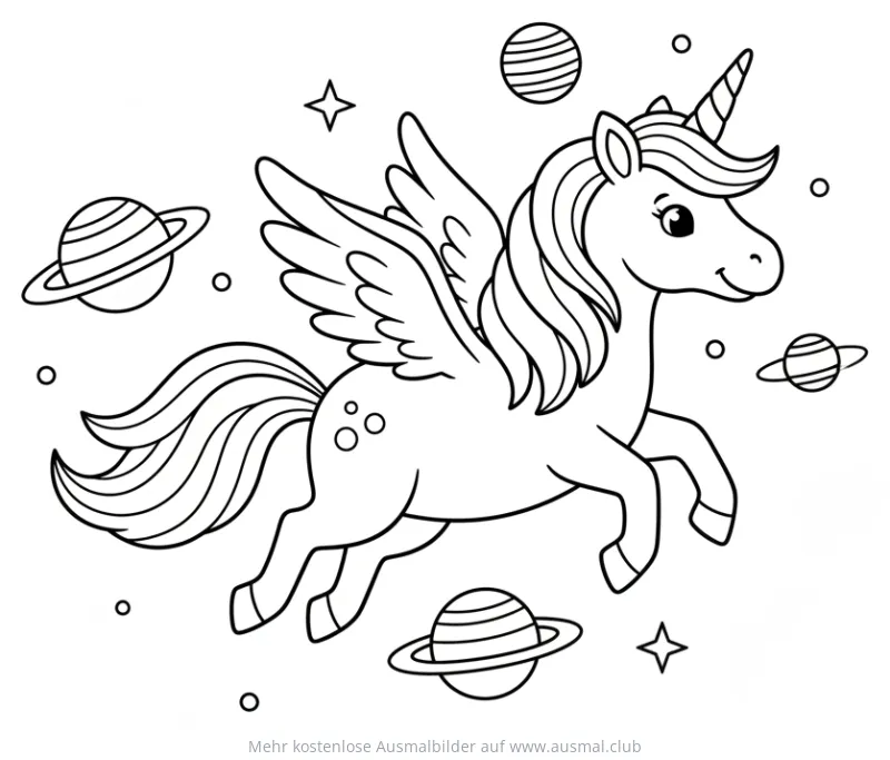 Fliegendes Einhorn mit Flügeln im Weltraum Ausmalbild