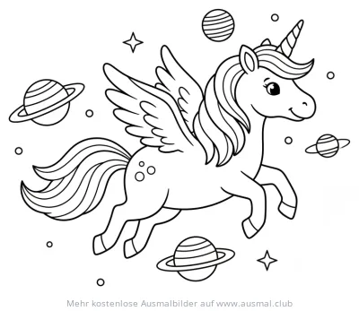Fliegendes Einhorn mit Flügeln im Weltraum Ausmalbild